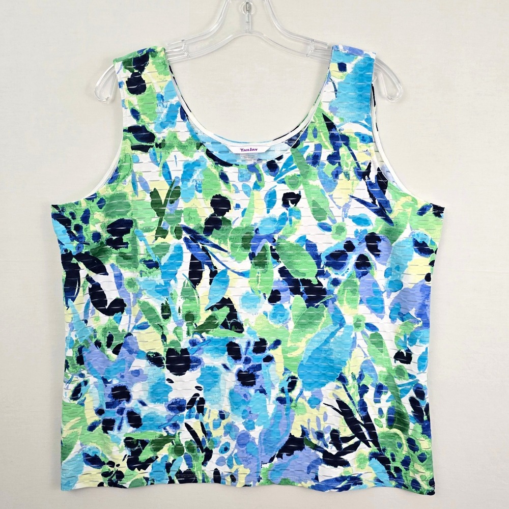 TanJay Sleeveless Scoop Neck Floral Print Women‎ Top Blue Green Yellow L